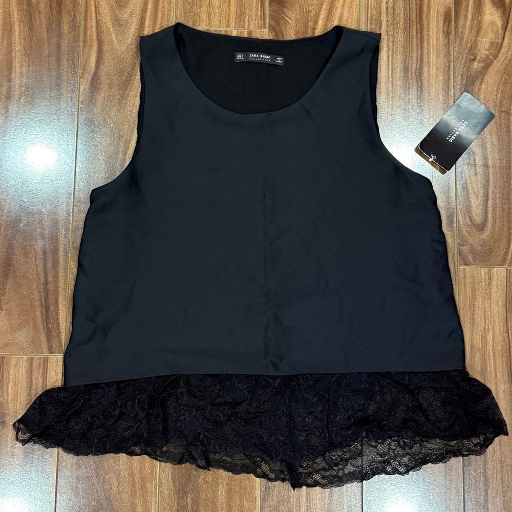 Zara Black Sleeveless Top with Lace Trim